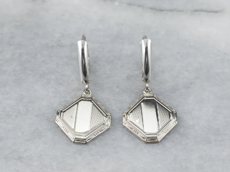 Ladies earrings matte gem earrings-Square Disk White Gold Drop Earrings