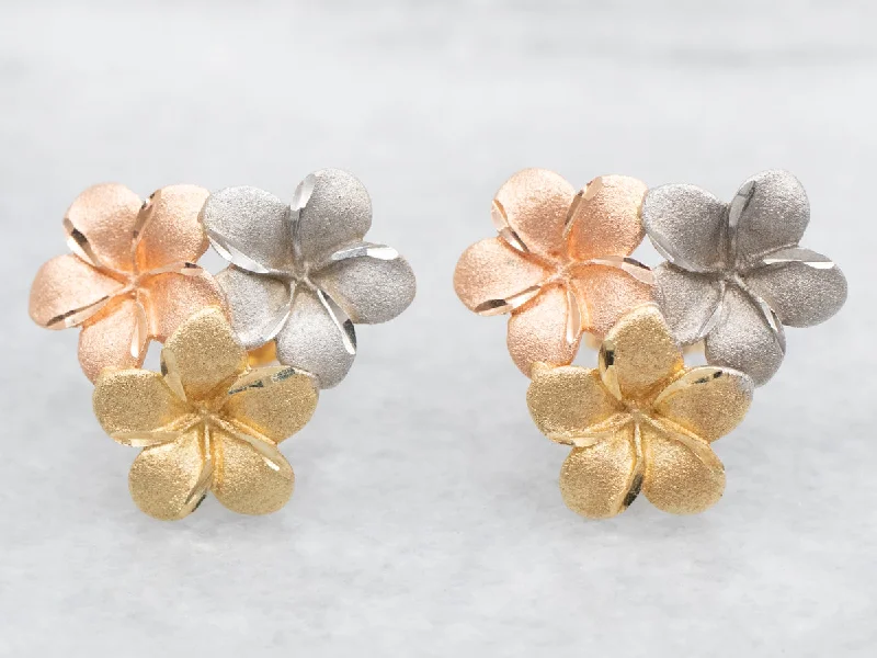 Ladies earrings matte gem earrings-Tri Color Gold Floral Stud Earrings