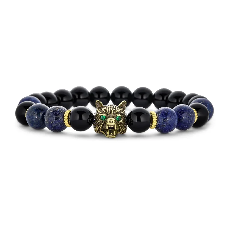 ladies bracelet christmas gold-Unisex Jungle Animal Stretch Bracelet with Onyx & Tiger Eye Beads for Men Gold Plated