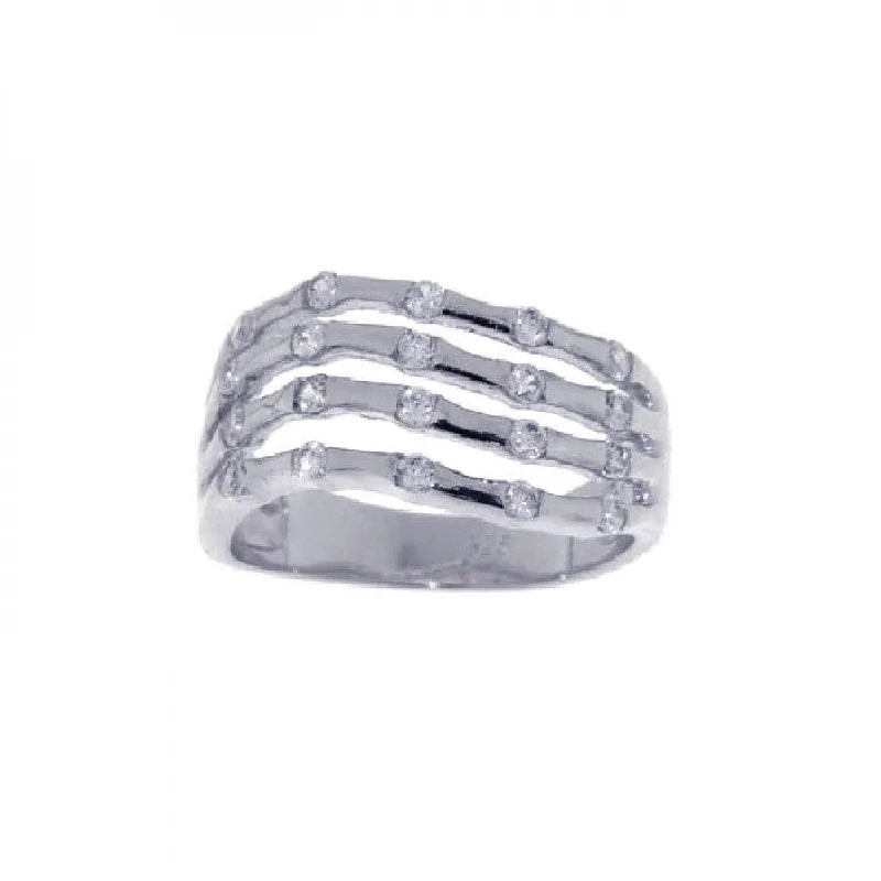 Ladies rings heavy duty rings-Silver 925 Rhodium Plated CZ 5 Row Skeletal Ring - STR00571