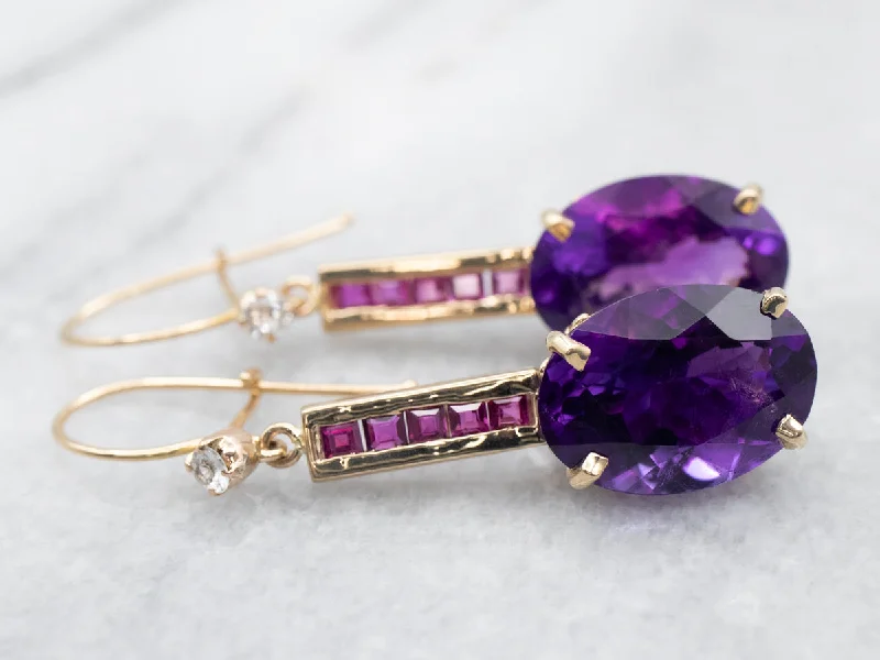 Ladies earrings secure post designs-Yellow Gold Amethyst Drop Earrings with Ruby and White Topaz Accents