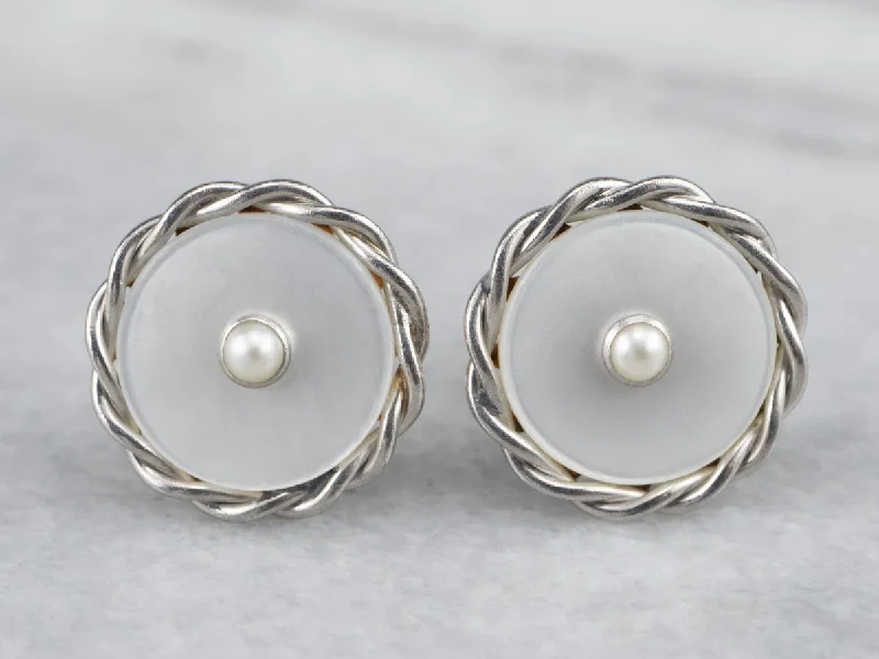 Ladies earrings birth month designs-Seed Pearl and Mother of Pearl Stud Earrings