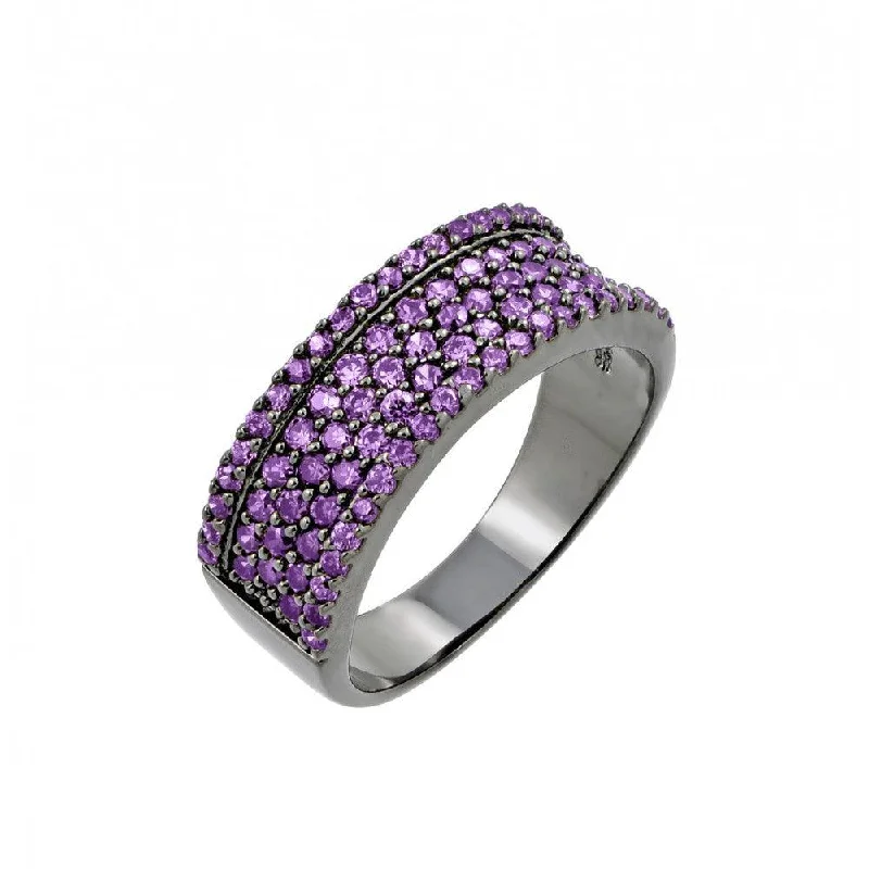 Ladies rings rainbow gem designs-Clearance-Silver 925 Rhodium Plated Purple Pave Set CZ Half Ring - BGR00770PUR