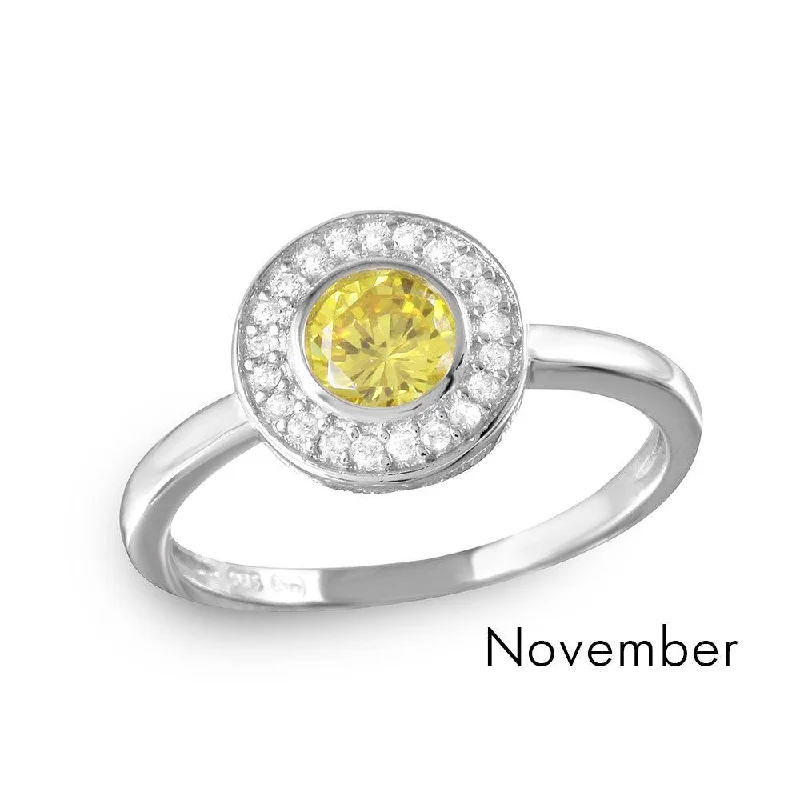 Ladies rings bold silver styles-November Sterling Silver 925 Rhodium Plated CZ Center Birthstone Halo Ring - BGR01082NOV