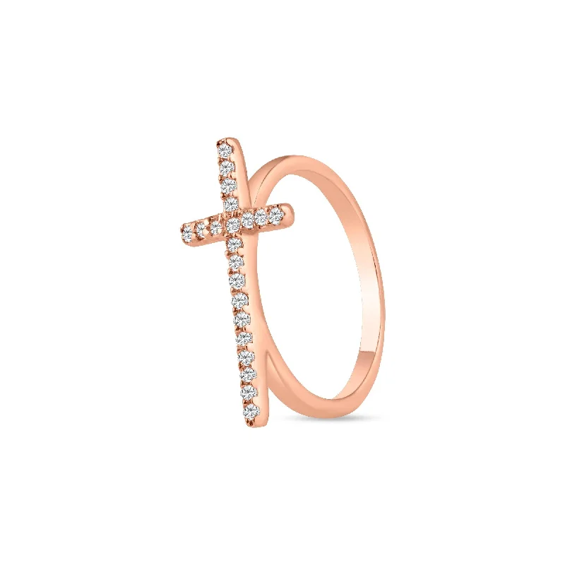 Ladies rings titanium modern designs-Silver 925 Rose Gold Plated Clear CZ Cross Ring - BGR00810RGP