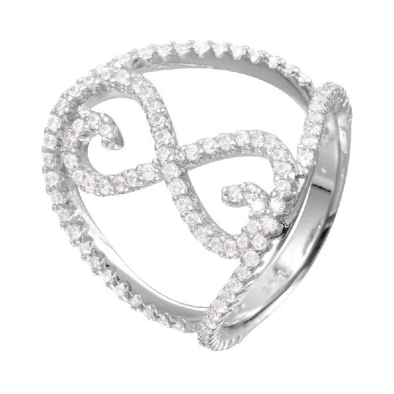 Ladies rings anniversary band designs-Silver 925 Rhodium Plated Split Shank CZ Accented Infinity Symbol Ring - BGR00997