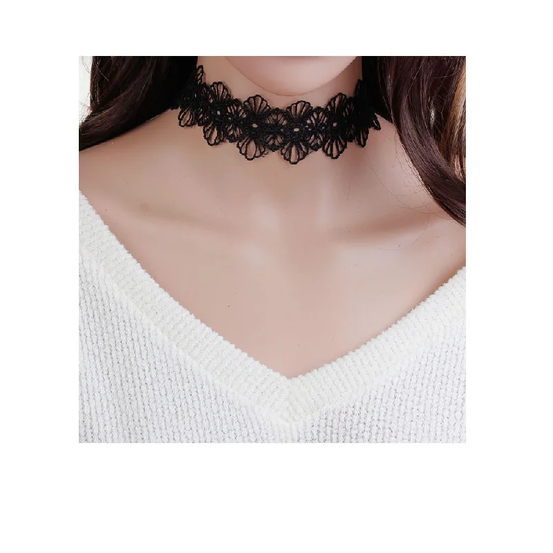 ladies necklace sustainable rose gold-Sexy Sparkles Polyester Black Flower Choker Necklace for Women Girls Gothic Choker Bolo Tie Corset Lace Chokers