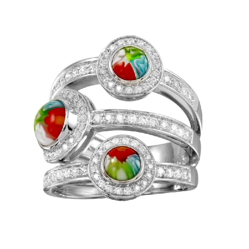 Ladies rings bold weight designs-Rhodium Plated 925 Sterling Silver 3 Row 3 Round Murano Glass CZ Ring - MR00003