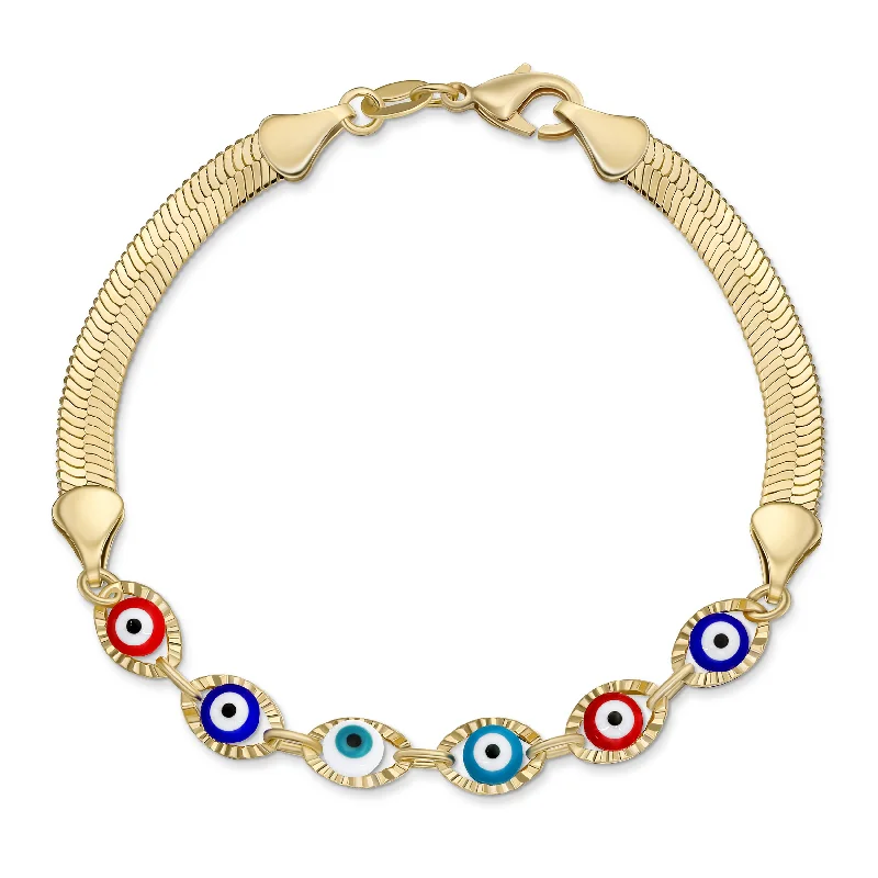 ladies bracelet slim platinum-Amulet Multi-Color Evil Eye Strand Bracelet with Gold Plated Snake Chain