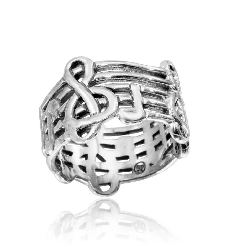 Ladies rings rose-cut diamond designs-High Polished 925 Sterling Silver Music Notes Ring - CR00804