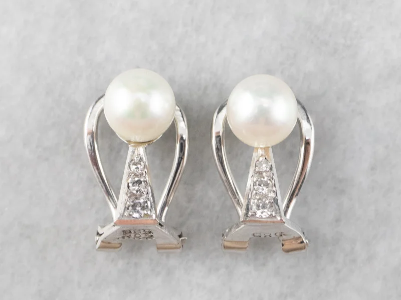 Ladies earrings earthy tone designs-Pearl and Diamond Clip-On Earrings