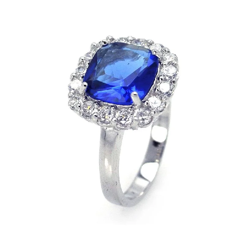 Ladies rings champagne diamond styles-Silver 925 Rhodium Plated Blue Center Clear Cluster CZ Ring - STR00381BLU