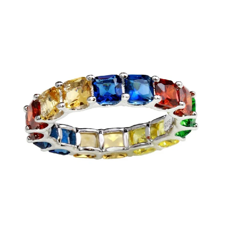 Ladies rings mature sophisticated styles-Rhodium Plated 925 Sterling Silver Multi-Colored Square CZ Stone Ring - GMR00270RBC