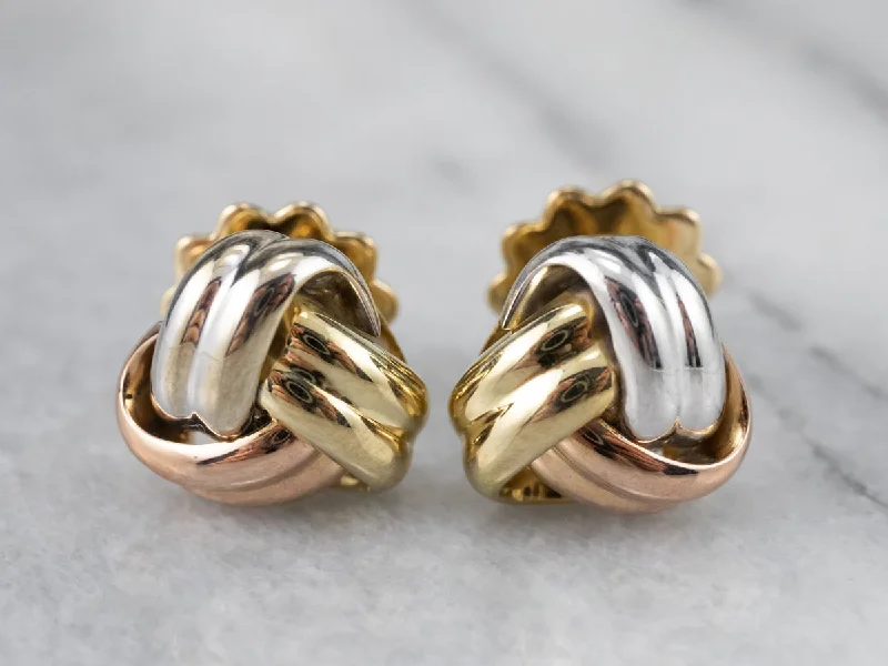 Ladies earrings contemporary classic designs-Tri Color Gold Knot Stud Earrings