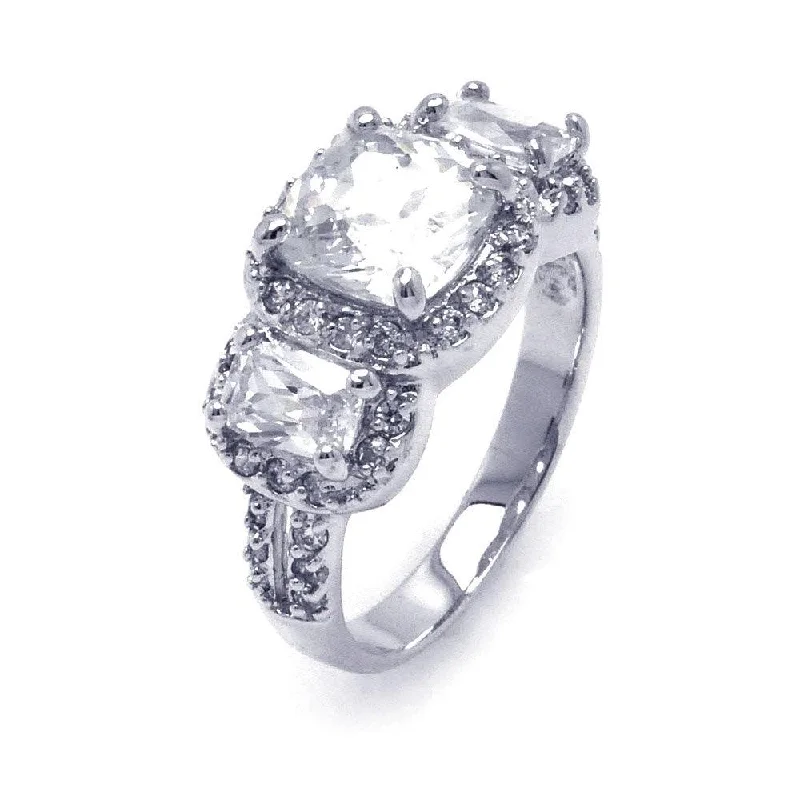 Ladies rings white diamond designs-Silver 925 Rhodium Plated Clear Square Cluster CZ Past Present Future Ring - BGR00252