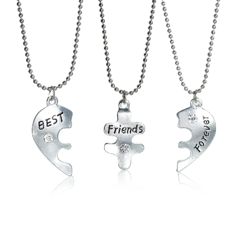 ladies necklace casual silver-3 pc Necklace Ball Chain Broken Heart Message " Best Friends Forever " Pendant Clear Rhinestone