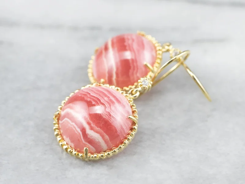 Ladies earrings curved edge designs-Gold Rhodochrosite and Diamond Drop Earrings