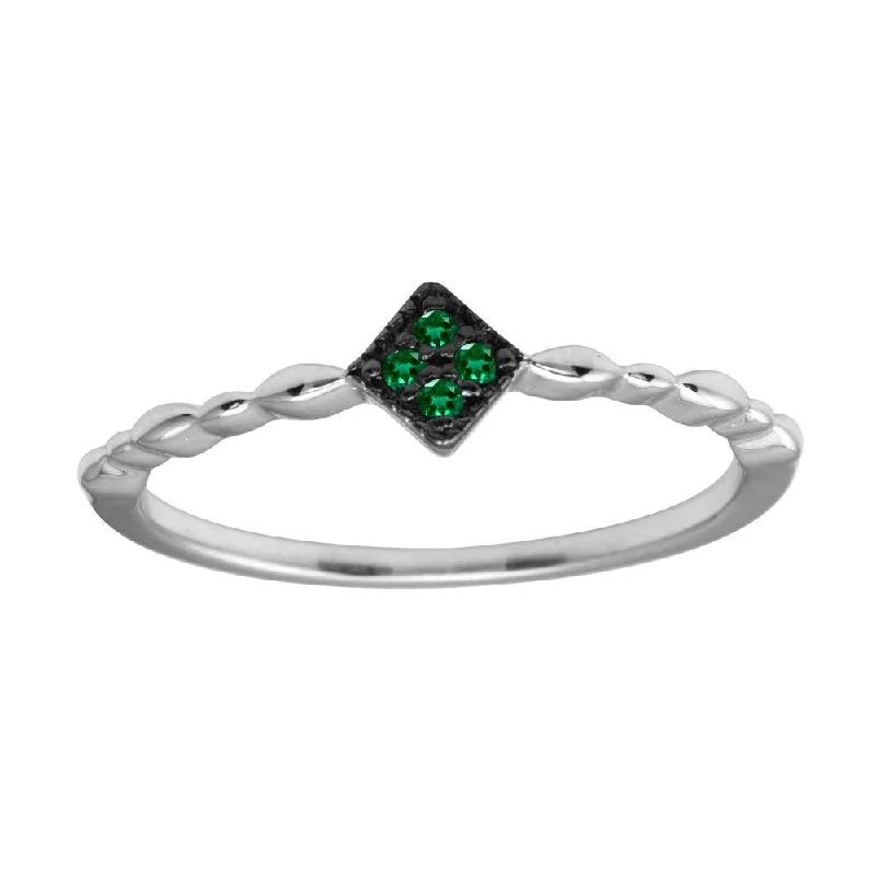 Ladies rings worldwide fashion appeal-Rhodium Plated 925 Sterling Silver Diamond Shape 4 Green CZ Ring - BGR01226GRN