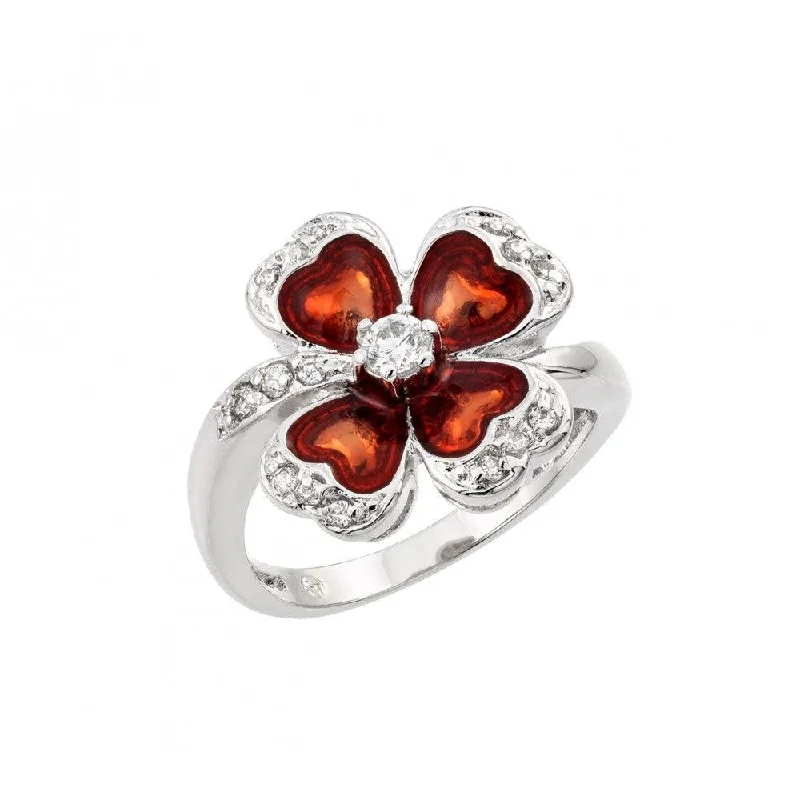 Ladies rings fixed gem designs-Silver 925 Rhodium Plated Clear CZ Red Clover Ring - BGR00909