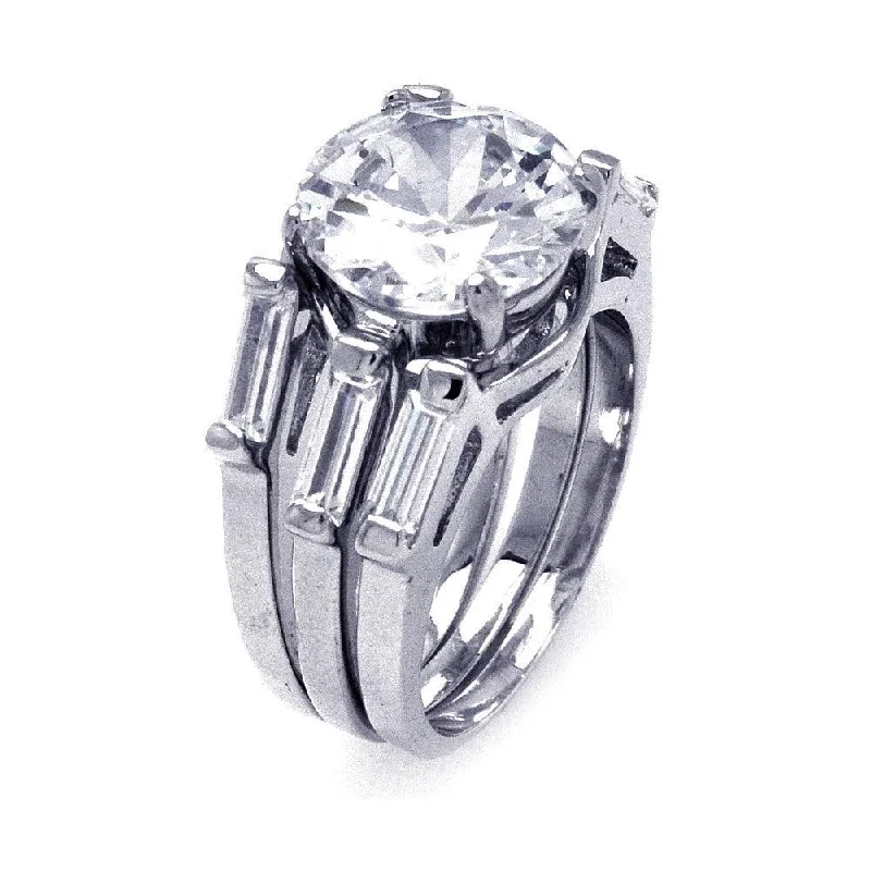 Ladies rings cultural celebration styles-Silver 925 Rhodium Plated Single Round Center CZ 3 Row Bridal Ring - BGR00235