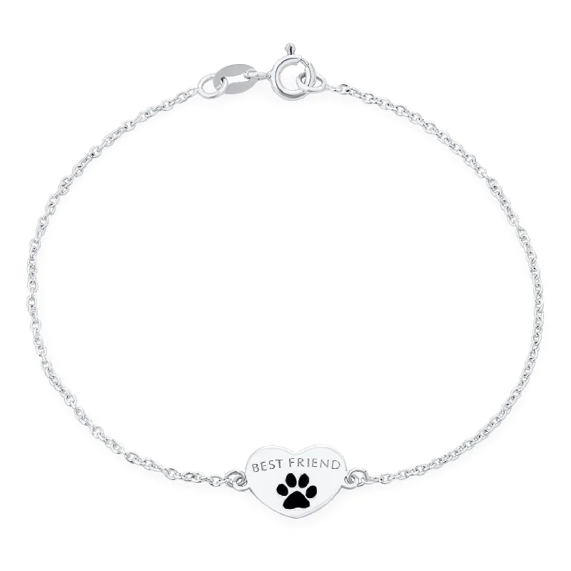 ladies bracelet heavy platinum-Dainty Charm Bracelet for Pet Lovers with Heart and Paw Print Sterling Silver