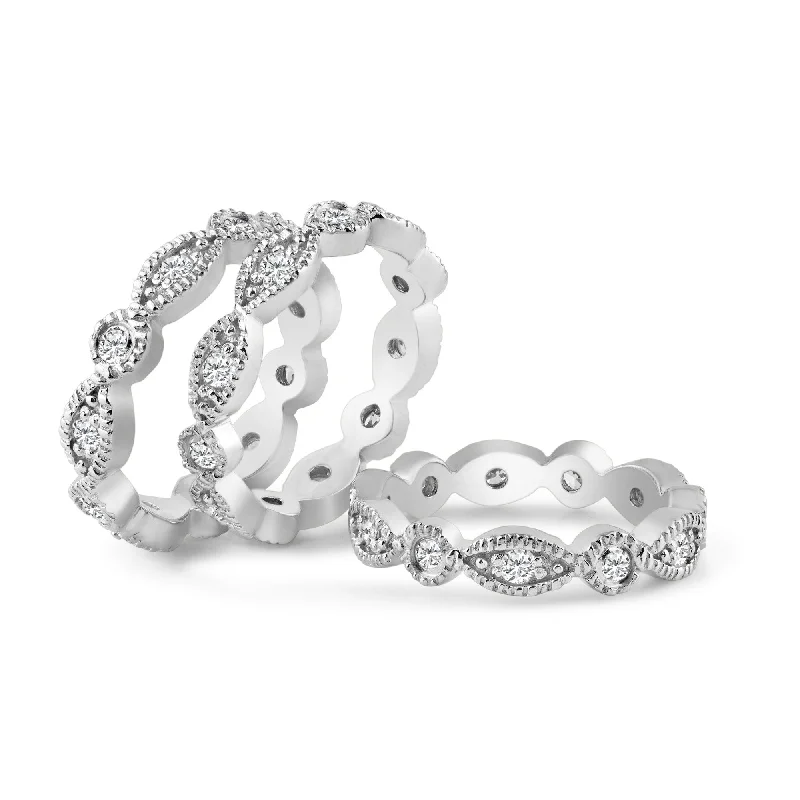 Ladies rings five-stone styles-Silver 925 Rhodium Plated Clear Round Marquise CZ Stackable Eternity Ring Set - AAR0019