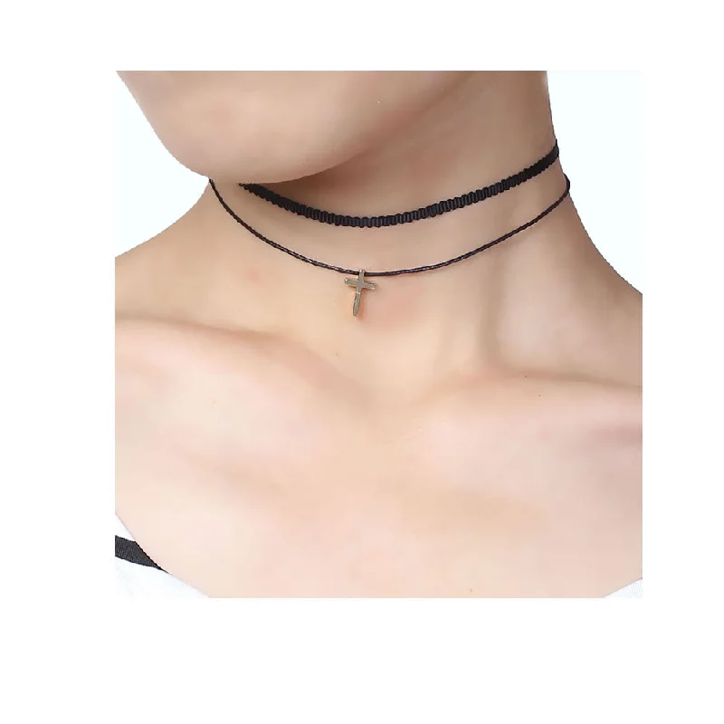 ladies necklace halo-Sexy Sparkles Cross Velvet  Choker Necklace for Women Girls Gothic Choker Bolo Tie Chokers