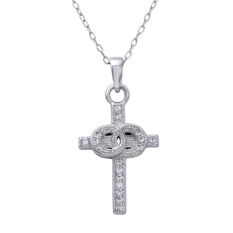 Ladies rings simple shape rings-Rhodium Plated 925 Sterling Silver Small Cross Pendant with Linked Rings Center and CZ - STP01615