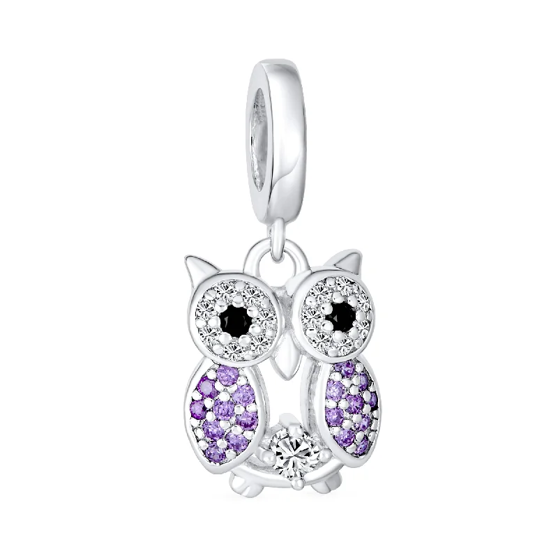 ladies bracelet for her-Wise Graduate Owl Bird Purple CZ Charm Bead for Students Sterling Silver Fits European Bracelet