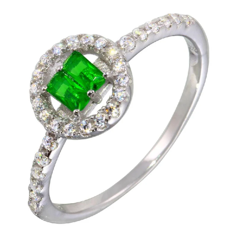 Ladies rings thumb statement pieces-Rhodium Plated 925 Sterling Silver Green Stone Ring with CZ - BGR01140GRN