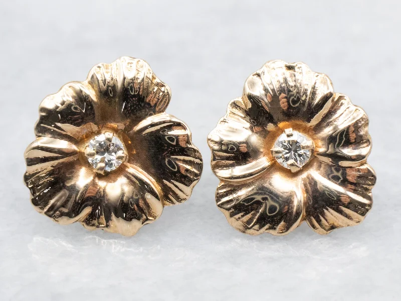 Ladies earrings sturdy build designs-Flower Stud Earrings with Diamond Accent