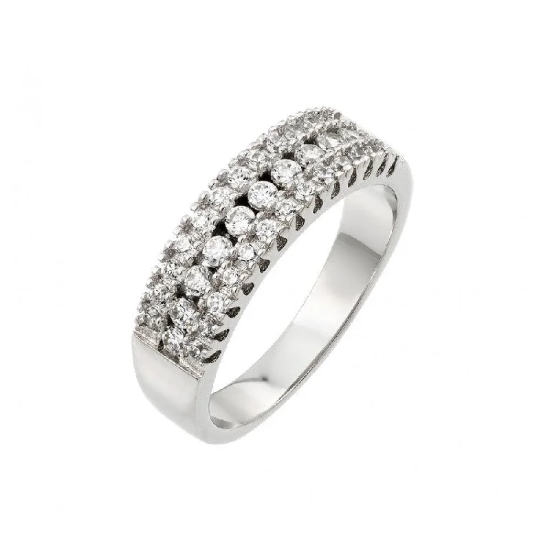 Ladies rings flexible band rings-Silver 925 Rhodium Plated Clear Pave Set CZ Half Ring - BGR00918