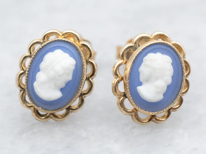 Ladies earrings famous designer labels-Blue and White Cameo Stud Earrings