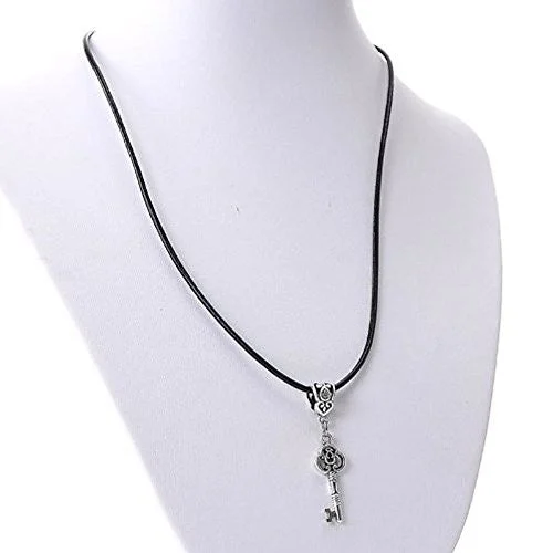 ladies necklace vintage platinum-Cowhide Leather Necklace with Dangle Key(locks with Lobster Clasp) 43cm Long