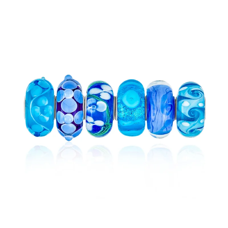 ladies bracelet clearance gold-Mixed Set of 6 Sterling Silver Core Blue Murano Glass Charm Beads for Bracelet