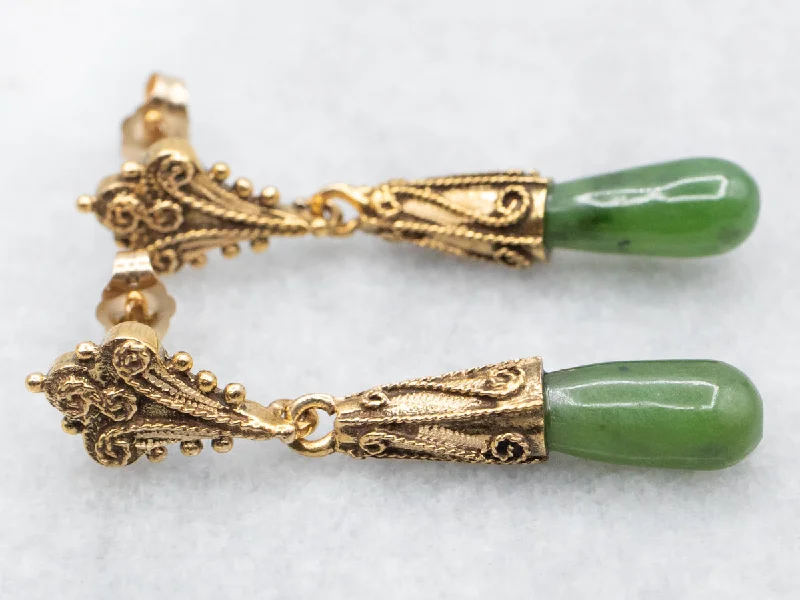 Ladies earrings earthy tone designs-Scrolling Gold Nephrite Jade Drop Earrings