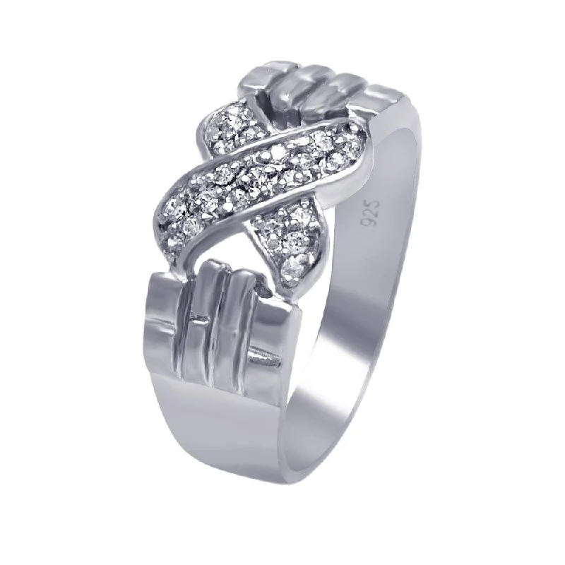 Ladies rings worldwide fashion appeal-Clearance-Silver 925 Rhodium Plated Clear Pave CZ Hand X Ring - AAR0044