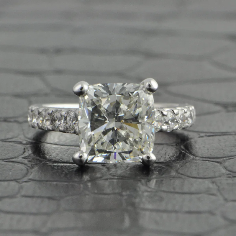 Ladies engagement rings delicate halo diamonds-3.32 ct. J-VS2 Cushion Cut Diamond Engagement Ring