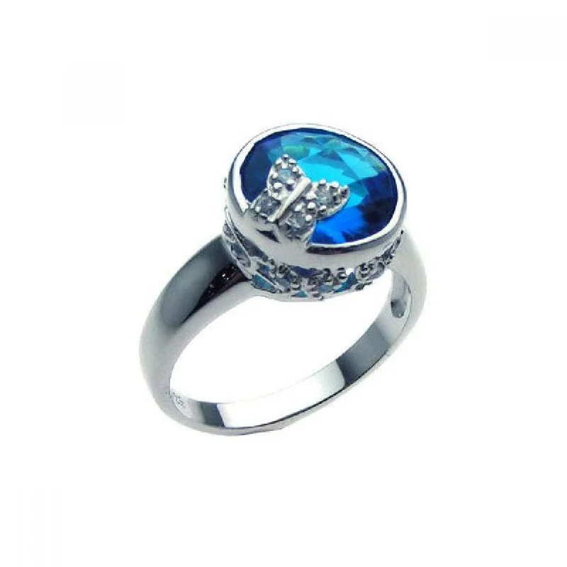 Ladies rings matte finish options-Silver 925 Rhodium Plated Blue Center CZ Butterfly Ring - STR00609