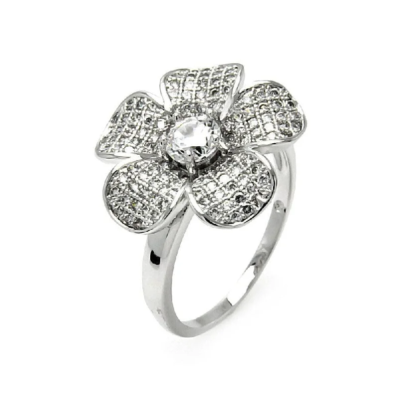 Ladies rings five-stone styles-Silver 925 Rhodium Plated Clear Micro Pave Set CZ Flower Ring - BGR00528