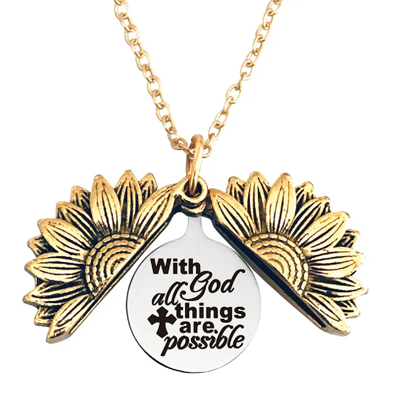 ladies necklace under 20-With god All Things are Possible Stainless Steel & Alloy Sunflower Link Necklace Double Sided Opens…