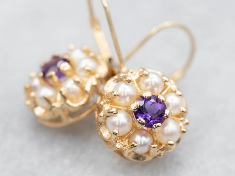 Ladies earrings Indian-inspired designs-Amethyst and Seed Pearl Halo Drop Earrings