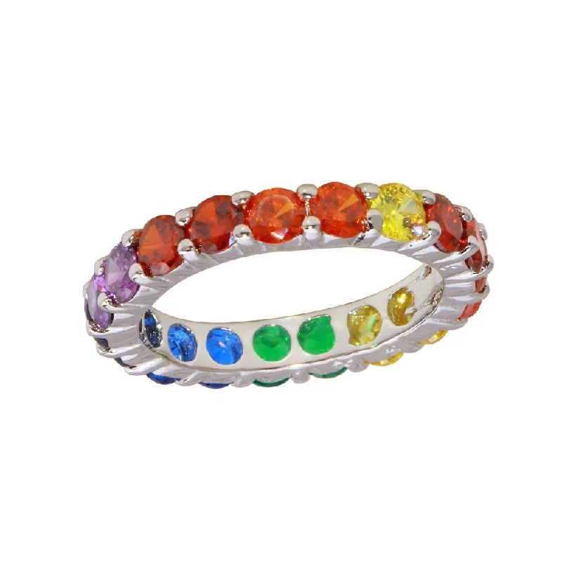 Ladies rings retro charm designs-Rhodium Plated 925 Sterling Silver Round Multi-Colored CZ Eternity Ring - BGR01232