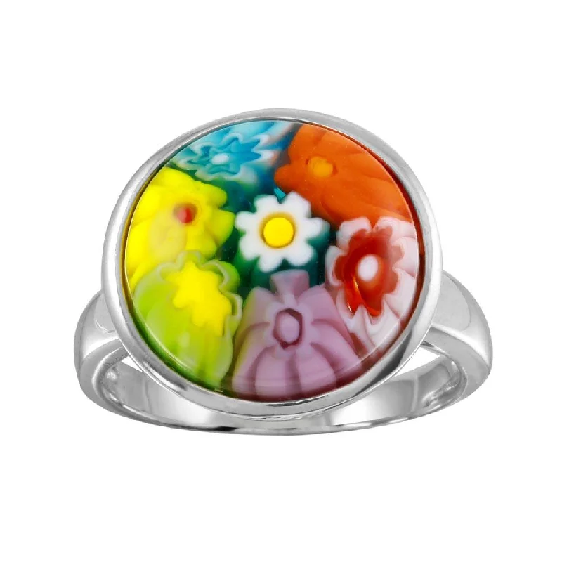 Ladies rings classic revival designs-Rhodium Plated 925 Sterling Silver Disc Murano Glass Ring - MR00010