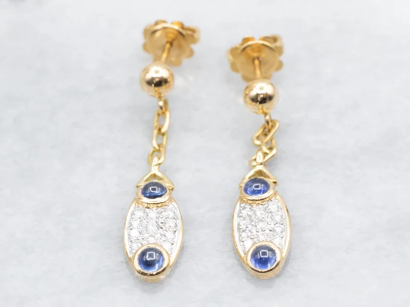 Ladies earrings balanced proportion styles-Sapphire Cabochon and Diamond Gold Drop Earrings