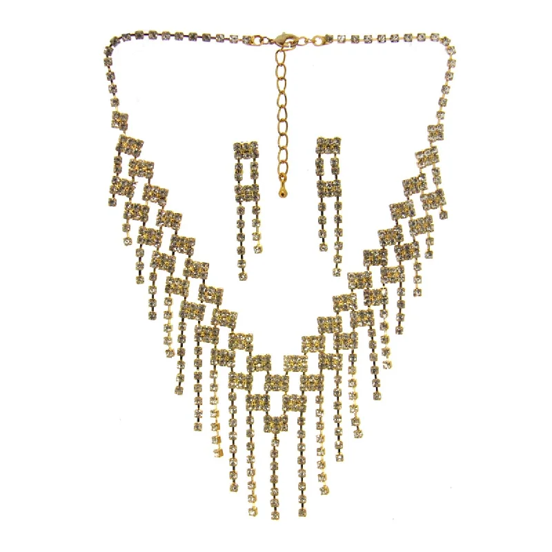 ladies necklace tarnish free-Rhinestone Necklace & Earrings Gold