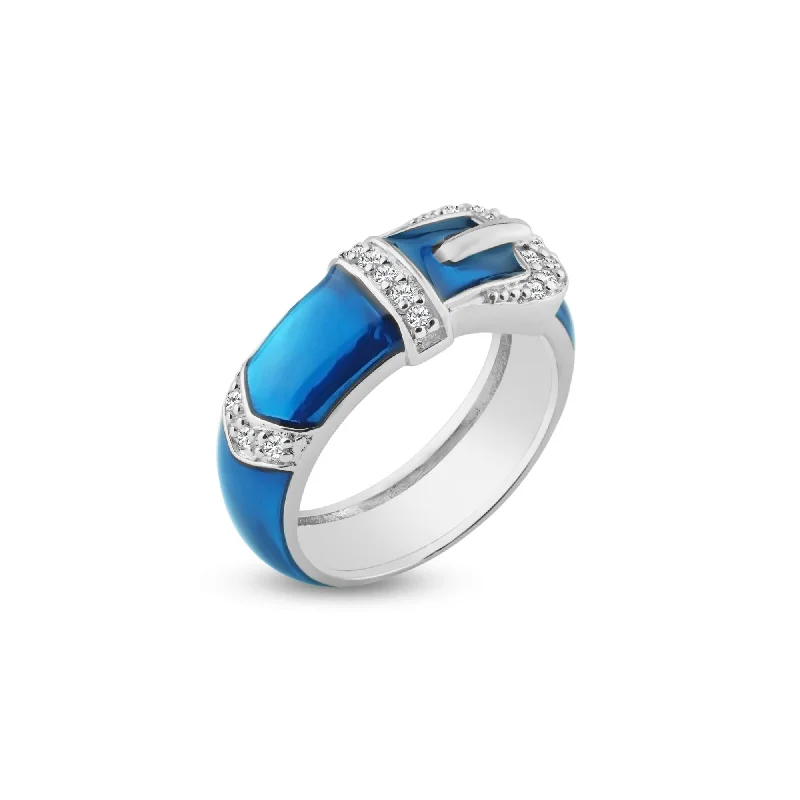 Ladies rings rose gold finishes-Silver 925 Rhodium Plated Blue Enamel CZ Belt Buckle Ring - STR00614