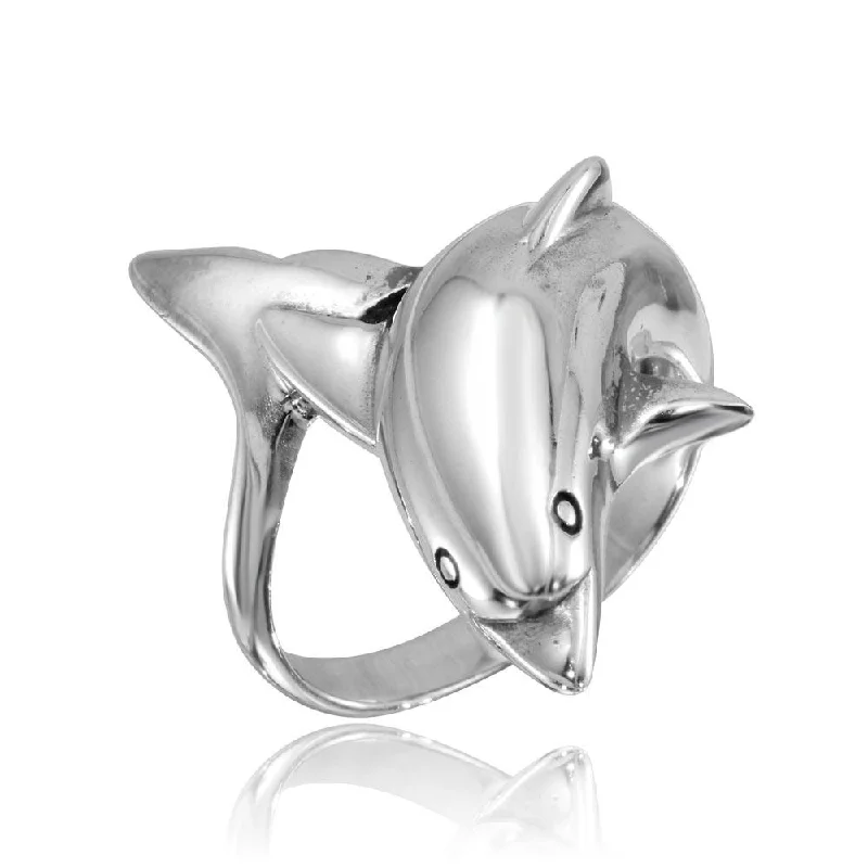 Ladies rings artisan metalwork styles-High Polished 925 Sterling Silver Dolphin Ring - CR00746