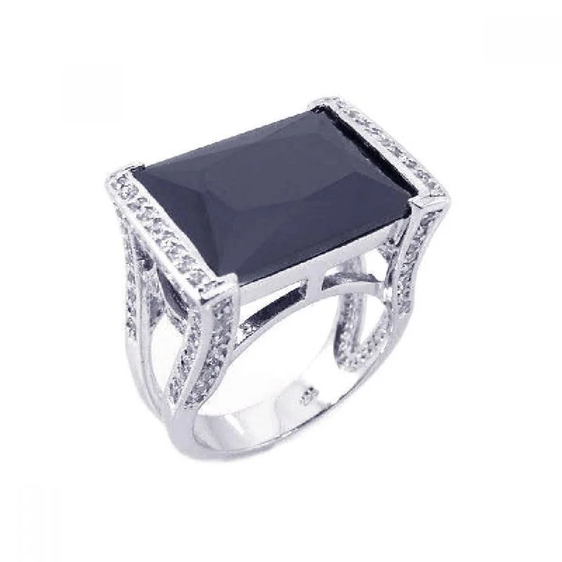 Ladies rings mixed metal finishes-Silver 925 Rhodium Plated Black Onyx Clear CZ Square Ring - BGR00134