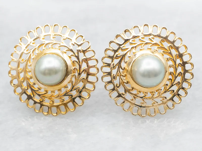 Ladies earrings latest fashion trends-Gray Pearl Stud Earrings with Openwork Frame